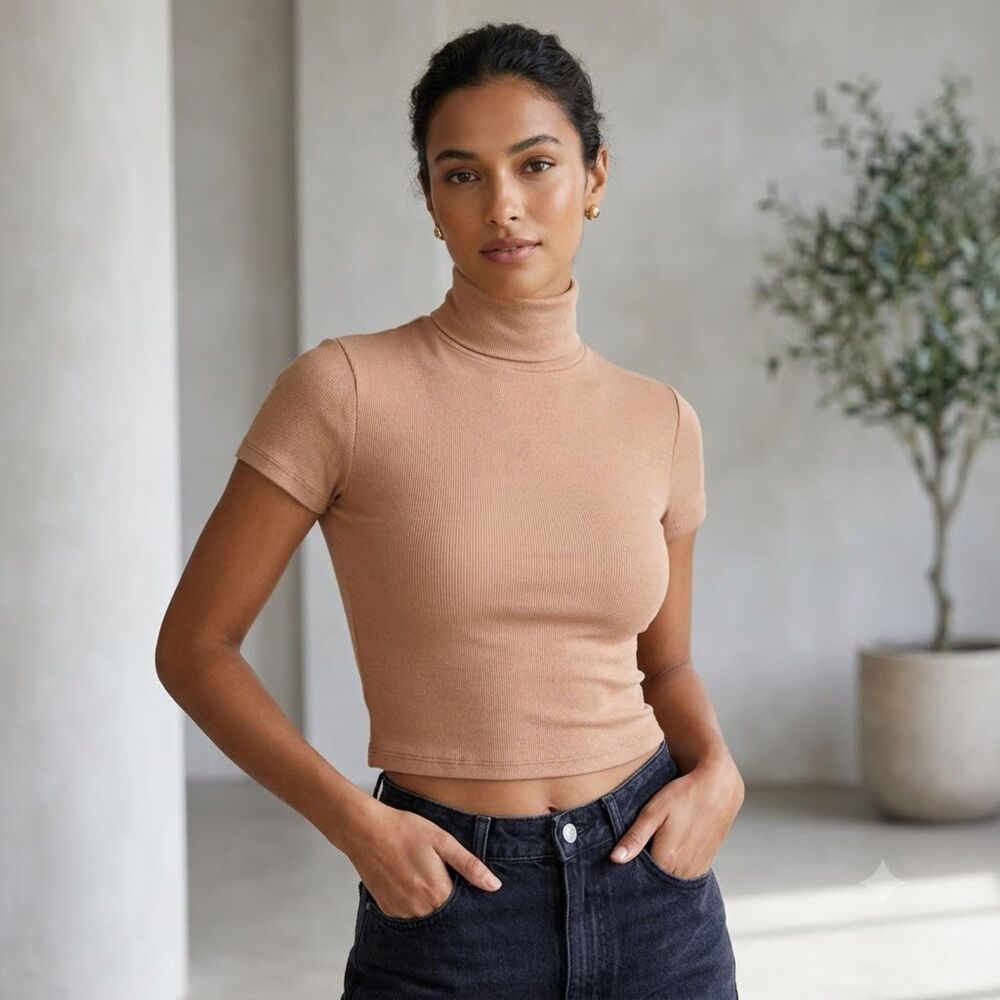 Ladaire Nima Rib Knit Crop Top Brush Tan NEW NWT XXS Mock Neck Short Slv $88